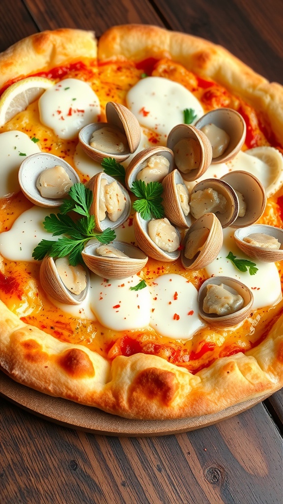 White clam pizza with ricotta, mozzarella, and clams, garnished with parsley and a lemon wedge.